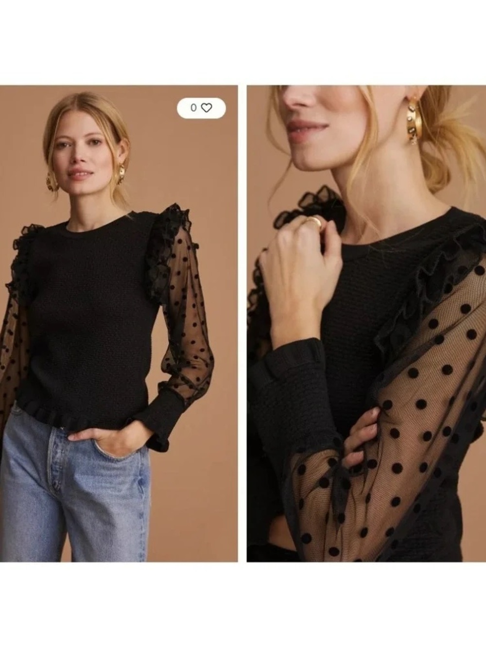 NWOT Maeve Anthropologie Black Polka Dot Ruffle Sleeve Sweater